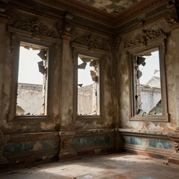 a detailed matte painting of a temple interior, broken windows, walls peeling, broken tiles, broken windows, digital art, immaculate scale, trending on artstation