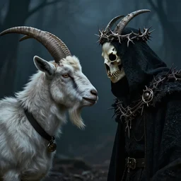 a goat faced necromancer wearing a crown of bones and thorns atmospheric 4 k