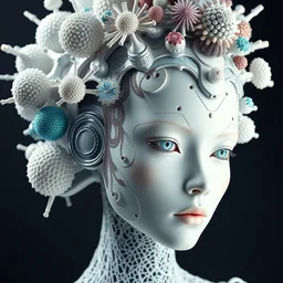 complex 3 d render hyper detailed ultra sharp futuristic beautiful biomechanical humanoid woman with porcelain ivory face, medium shot portrait, close - up, filigree lace, iris van herpen cyberpunk haute couture colorful headdress with rhizomorph finials spires, brackets, fractal embroidered puffballs, octane render, 8 k