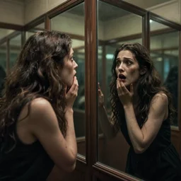 a beautiful woman is frightened by her ugly doppleganger in a mirror. she is in a long hallway of mirrors. haunting atmosphere, dimly lit, horror style, realistic, 3 5 mm lens, low angle, 3 / 4 view.