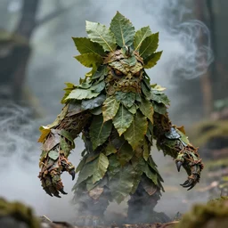thick smoke, macro long depth of field shot of a realistic monster made of leaves, headdress, wide aperture, dramatic light, dystopian environment, intricate, highly detailed, artstation, sharp focus, artgerm