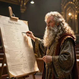 A bearded wizard gestures at a linguistics chart in front of a lecture hall, fantasy art by Rutkowski