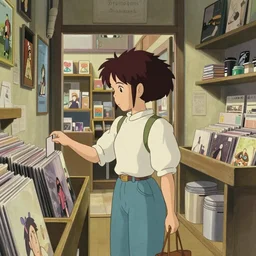 a girl shopping in a record store, art by hayao miyazaki