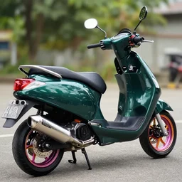 photo of a dark glossy green tuning scooter, tmax, tuning award, big chrome exhaust, colorful rims, 8 5 mm, f / 1. 3