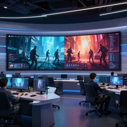 modern nbc newsroom, two stories, 2 large hd monitors, octane render, unreal engine 5, epic game graphics, ray tracing