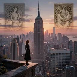 a woman standing on a ledge overlooking an axonometric 1920s New York City at dawn, by Rolf Armstrong and Evelyn De Morgan and Bastien Lecouffe-Deharme, dramatic lighting, high contrast colors, baroque, empyrean, panoramic view, as trending on Artstation, highly detailed, cryengine,