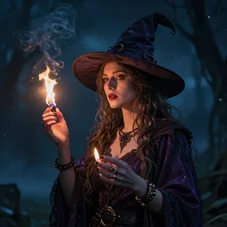 beautiful old witch woman, under a night sky, Smoking fire, magical conjure, high detail