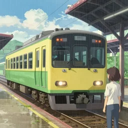 one train at the station, the movie the garden of words by makoto shinkai, a littlebright color, light rain, moist, 8 k, unreal engine