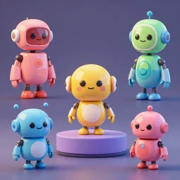 concept sheet of cute colorful 3 d family characters for kids assisting a concept machine. cute 3 d robots, primitive shapes and forms, reflective like candy, concept art, 8 k, artstation