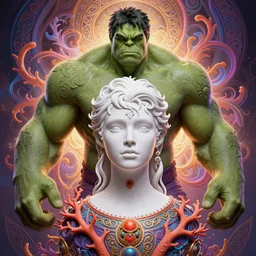portrait of macaulay culkin as the hulk, hyperdetailed illustration by irakli nadar and alexandre ferra, volumetric lighting, celtic fantasy art, psychedelic, intricate, hyper detailed, smooth, vibrant aura, intricate linework, white porcelain skin, faberge, coral