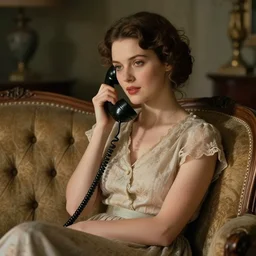 beautiful vintage woman sitting in a loveseat using a rotary phone, cinematic lighting, albert bierstadt, claude monet, artstation