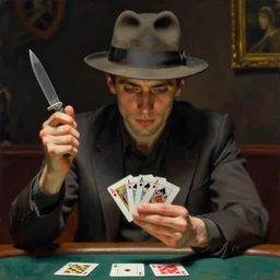 a smooth guy with a fedora and a switch blade, good at cards, plays music, gambles like no one, a drawing by beksinski