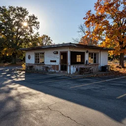 Abandoned cafe on parking lot HDR cinematic noon detailed sunny cracked pavement autumn