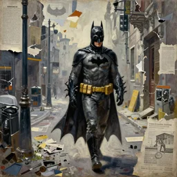 batman roaming the streets, detailed, intricate, torn paper decollage, oil on canvas by edward hopper, ( by mattias adolfsson ), by moebius, cmyk