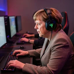 angela merkel wearing RGB razer headset while playing csgo on PC