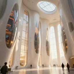 the inside of a monument with pods on the wall with cyberpunk motifs, by tim blandin and arthur haas and bruce pennington and john schoenherr, big windows architecture by zaha hadid, octane render, warm colour scheme, white, cinematic, scenery, cgsociety, modernism, futuristic, trending on artstation, sci - fi, high detail, high quality, close up angle, people walking