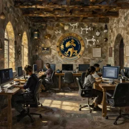 medieval coworking space interior, oil on canvas