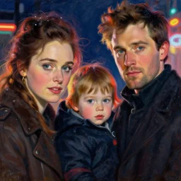 winter, family, colin farrell and emilia clarke with there kid, neon light, detailed faces, painting by gaston bussiere, craig mullins, j. c. leyendecker