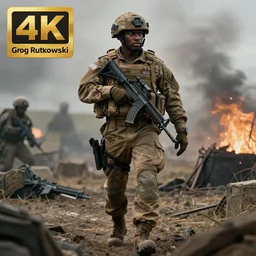 Portrait of a black modern British army soldier in full gear carefully moving through enemy territory, cinematic lighting, 4k, award-winning, by Greg Rutkowski, full body