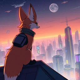 a cyberpunk anthropomorphic fox with a fluffy tail staring over a futuristic city from the top of a roof, comic art, trending on furaffinity, cyberpunk, backlighting, cartoon, by kawacy, anime!!!