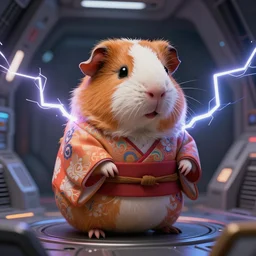 cute anthropomorphic cyborg guinea pig full in kimono in a spaceship, body portrait, divine lightning, by greg rutkowski, by charlie bowater