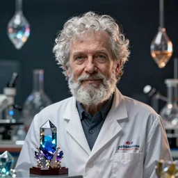 incredibly realistic, too detailed portrait of a caricature of the crystal researcher nobel prize in chemistry winner, centered portrait, octane render, bump mapping, global illumination, unreal engine 5, 8 k, bokeh, d & d digital art, mark ryden, rob gonsalves