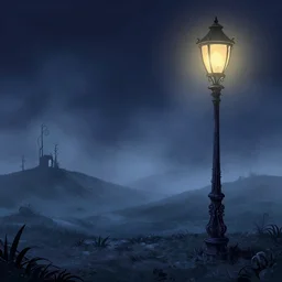 curved perspective epic illustration of night city with curly victorian street lamp in a foggy field hilly ground from nightmare before christmas