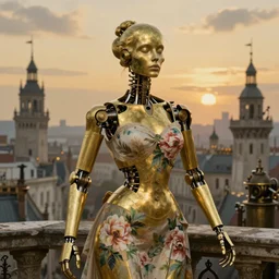 brass semi - mechanical woman, portrait, floral art novuea dress, art by ardian syaf and moebius, william adolphe bouguereau, in steampunk cityscape, golden hour