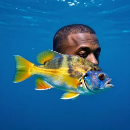 a fish with kanye west head swimming in the ocean, underwater, by john martin and carl gustav carus vibrant colors | photography | realism | dslr photo