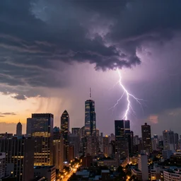 a photo of a supercell thunderstorm in a city, cityscape, skyscrapers, illuminated from various angles by the setting sun, cinematic, dynamic lightning, lightning bolts, mystic hue clouds