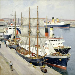 a master gouache painting of a group of ships docked at the harbor, group mass composition, shape obvious, sharp focus, very detaied, by gustave caillebottet