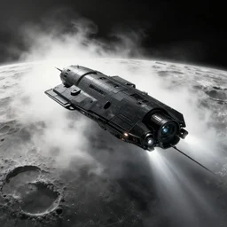 a beautiful artwork illustration, concept art sketch of a black spaceship flying close to a moon surface, volumetric fog, godrays, high contrast, high contrast, high contrast, vibrant colors, vivid colors, high saturation, by Greg Rutkowski and Jesper Ejsing and Raymond Swanland and alena aenami, featured on artstation, wide angle, vertical orientation