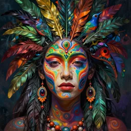 A reality bending psychedelic ayahuasca experience, colorful, face painting, distorted, surreal, tropical bird feathers, dramatic lighting on the face, intricate, elegant, highly detailed, digital painting, concept art, smooth, sharp focus, illustration, art by Krenz Cushart and Wayne Barlowe and alphonse mucha