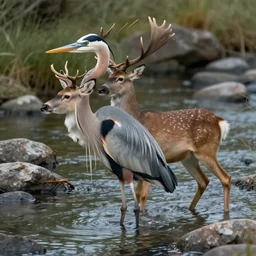 hybrid of a great blue heron and a deer wading in a rocky river, monster with a heron head and a deer body. fantasy monster concept art, trending on artstation