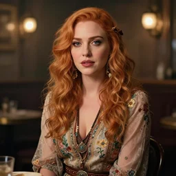 sophisticated portrait of Christina Hendricks as a flower hippie in a smokey Paris tavern, bokeh background, elegant, highly detailed, shallow depth of field, concept art, Artstation, Artgerm, Donato Giancola, Joseph Christian Leyendecker