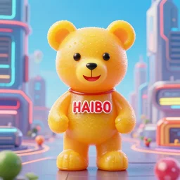 portrait of haribo bear in future city, color and shape focus, cent