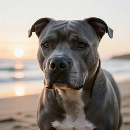 a closeup photorealistic photograph of blue pitbull at the beach during sunset. bright scene. fine detail. this 4 k hd image is trending on artstation, featured on behance, well - rendered, extra crisp, features intricate detail, epic composition and the style of unreal engine.