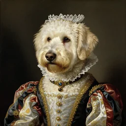 portrait of a white labrododdle dog in an italian queen costume, painting by botticelli, 1 4 8 0 s