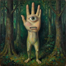 a painting of a human with a hand face with a centered eye, mouth with sharp teeth centered on the neck, legs that melt into a forest, forest background, highly detailed, 4 k, art by max ernst