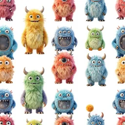 a seamless pattern of colorful fluffy elaborate and detailed futuristic monsters, complicated monsters, fun pattern, detailed accents, monster details, realistic monster machinery, artstation, futuristic shapes, mech robot details, aerial view, macro shot, closeup detail, gundam mecha, right angles, perfectly symmetric, octane render in maya and houdini, vray, ultra high detail ultra realism, unreal engine