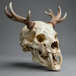 photo of a human skull with antlers and long fangs, 4k, high quality, very detailed