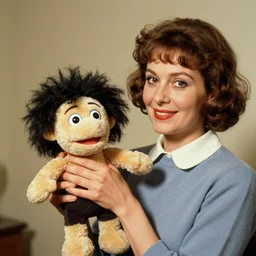 1976 a woman holding a hand puppet made out of human hair and cute eyes 16mm technicolor Almodovar John Waters Russ Meyer Doris Wishman old photo