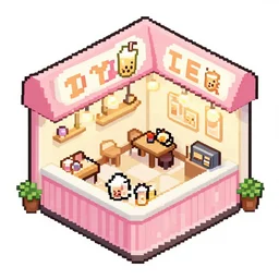 bubble tea shop, pixel art, isometric art, kawaii