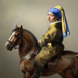 capybara riding a horse while smoking a cigar by johannes vermeer