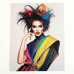 portrait of a post modern fashion model with an exuberant modernist hair style, colorful, dynamic pose, beautiful face, octane render, vray, detailed, wide angle, halftoned, editorial illustration, matte print, grainy light, ( ( dither ) ), risograph, high contrast, screen print, rich grainy texture