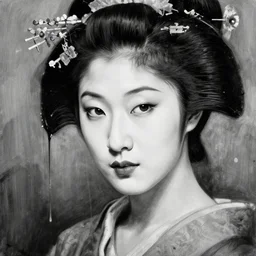 highly detailled black and white realistic portrait of a geisha, night club, intimate, pastel blue colors, beautiful face, rule of thirds, spotlight, drips of paint, expressive, passionate, by jenny saville, by greg rutkowski, by jeremy mann, digital painting, charcoal