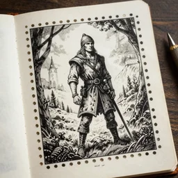 Robin Hood stamp in medieval style, ink outline, charcoal on paper, ex libris