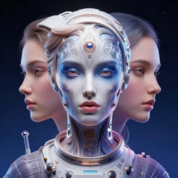 portrait of yael shelbia and kang seul - gi, venus squid astronaut, intricate design details. cyberpunk symmetrical facial, by ruan jia and beeple. smooth gradients, deep space.