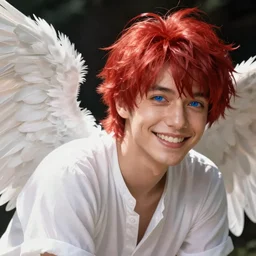 [portrait of a smiling man, white angel feathers, blue eyes, red hair, makoto shinkai, thomas kinkade, james gilleard, very comfy]