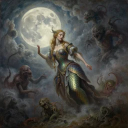 concept art of fairy, lovecraftian, renaissance, melting, round moon, rich clouds, fighting the horrors of the unknown, very detailed, volumetric light, mist, fine art, decaying, textured oil over canvas, epic fantasy art, very colorful, ornate scales